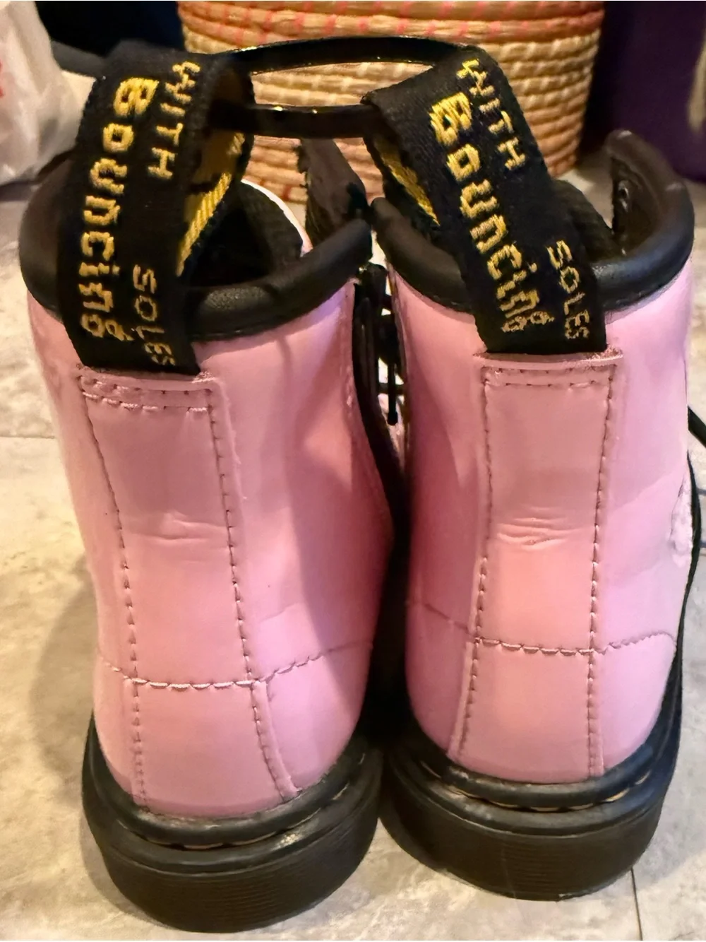Dr. Martens Kids Pink Patent Lace-Up Boots with Black Trim